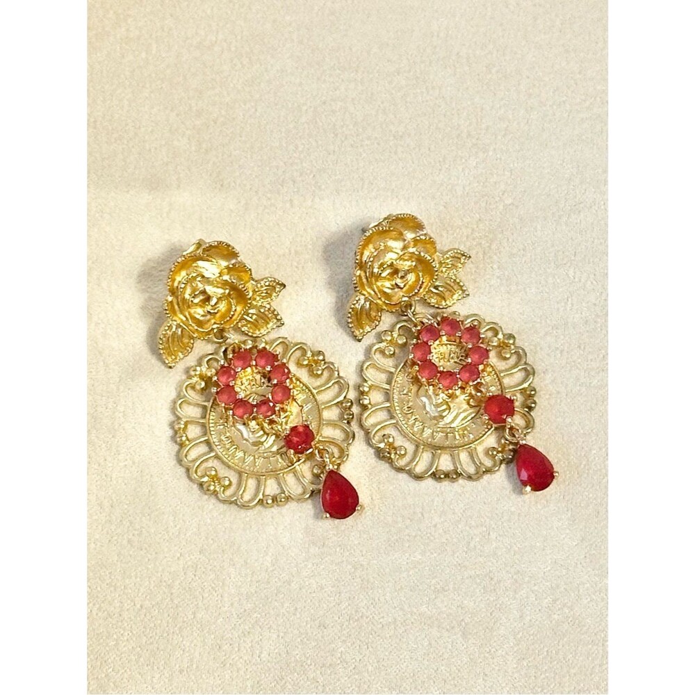 Vintage Ornate Rose Ruby Coin Drop Earrings Gold-tone